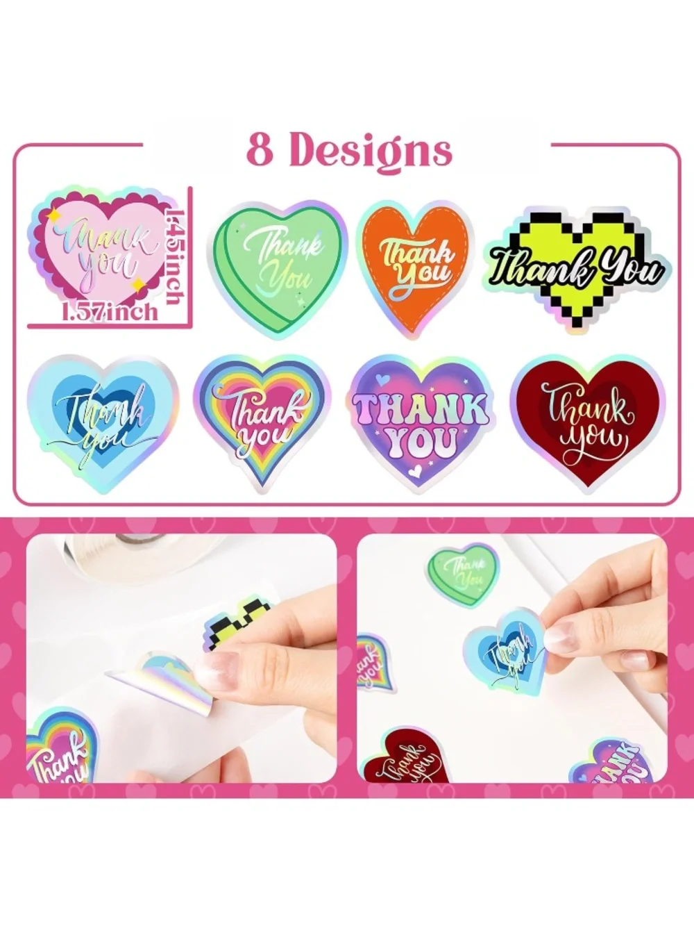 50PC Holographic Heart Thank You Stickers Roll Laser Iridescent Packaging Label - Picture 2 of 3
